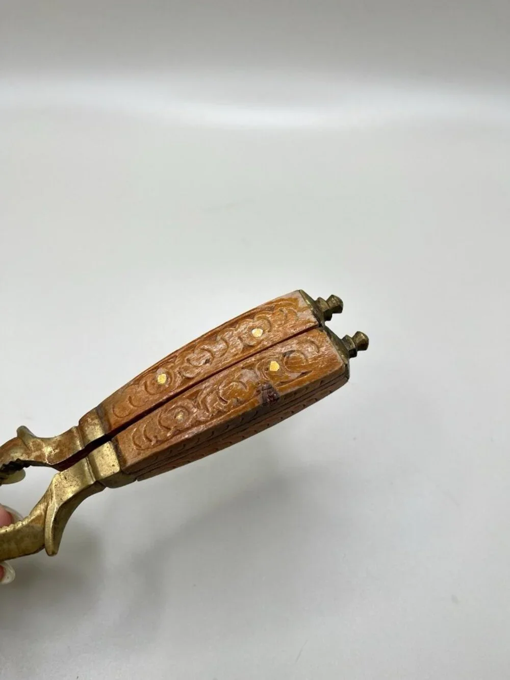 VTG Brass & Carved Wood Nutcracker Carved Handle Walnut Colonial Cottage Folk